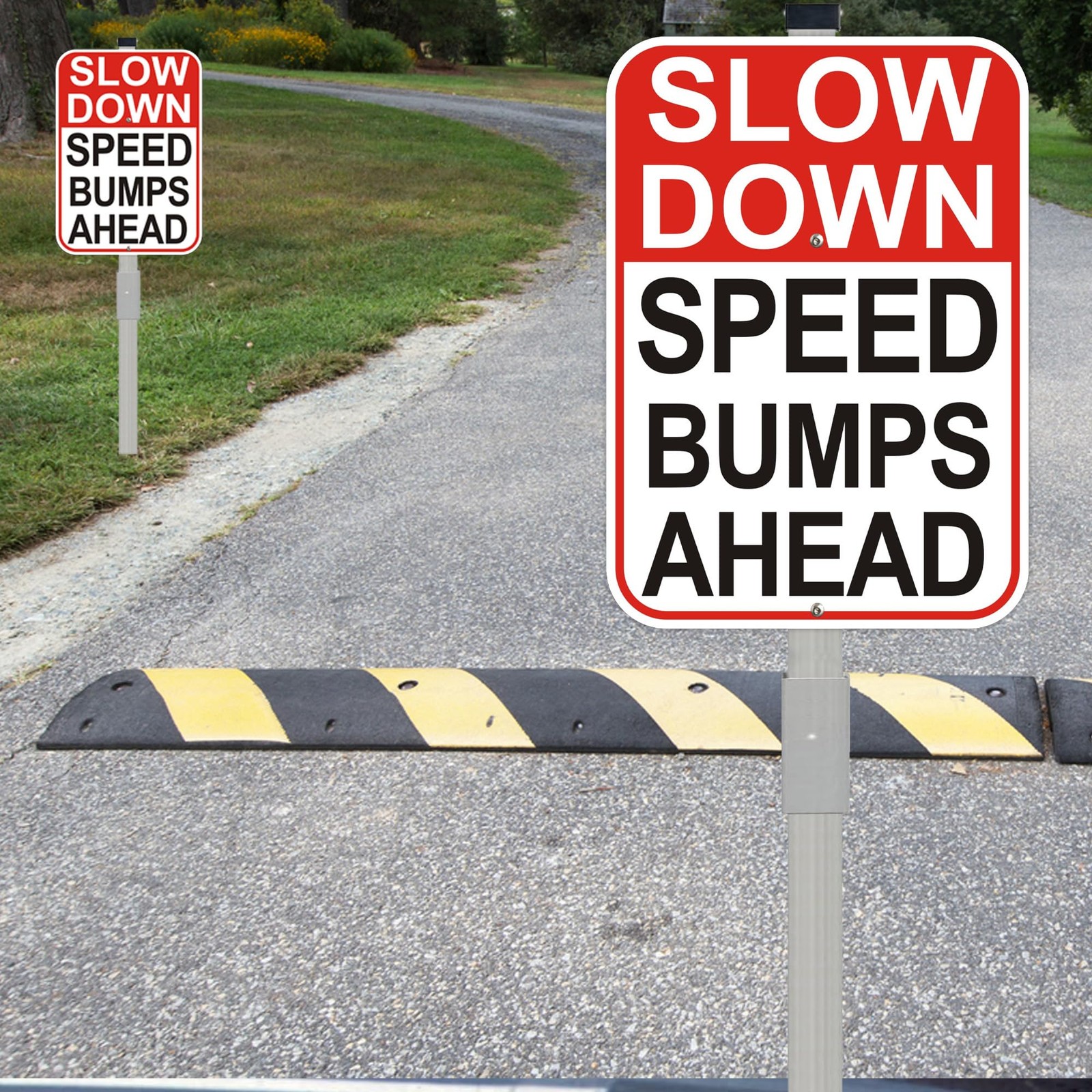 2Pack Slow Down Sign, 14″x10″ Speed Bumps Ahead safety Signs with 36″ Metal S…