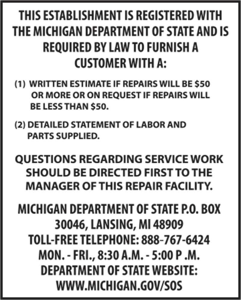 Michigan Consumer Information Auto Repair Poster Vinyl Banner Auto Shop Display
