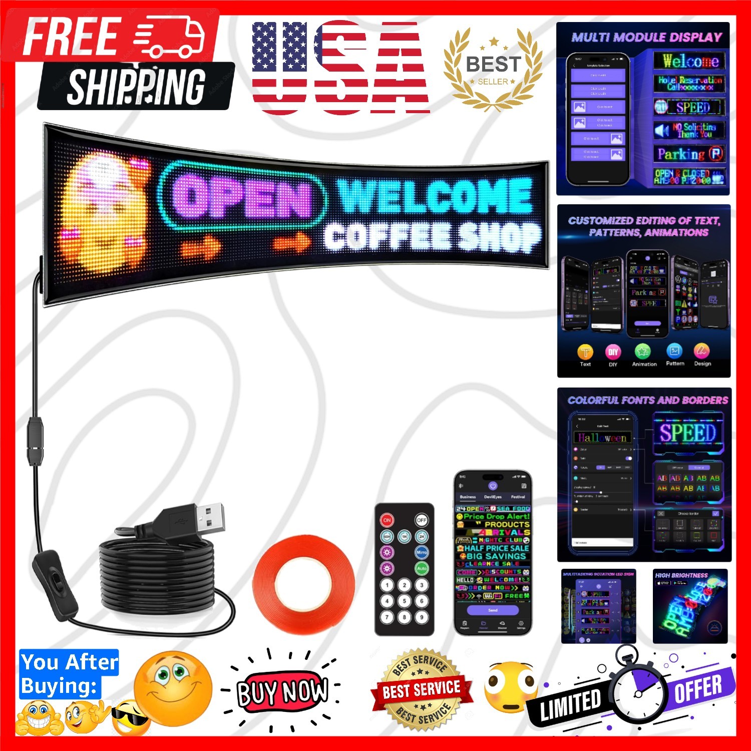 Dual Row P5 Huge Bright Advertising Programmable LED Sign, 31”x8” Flexible …