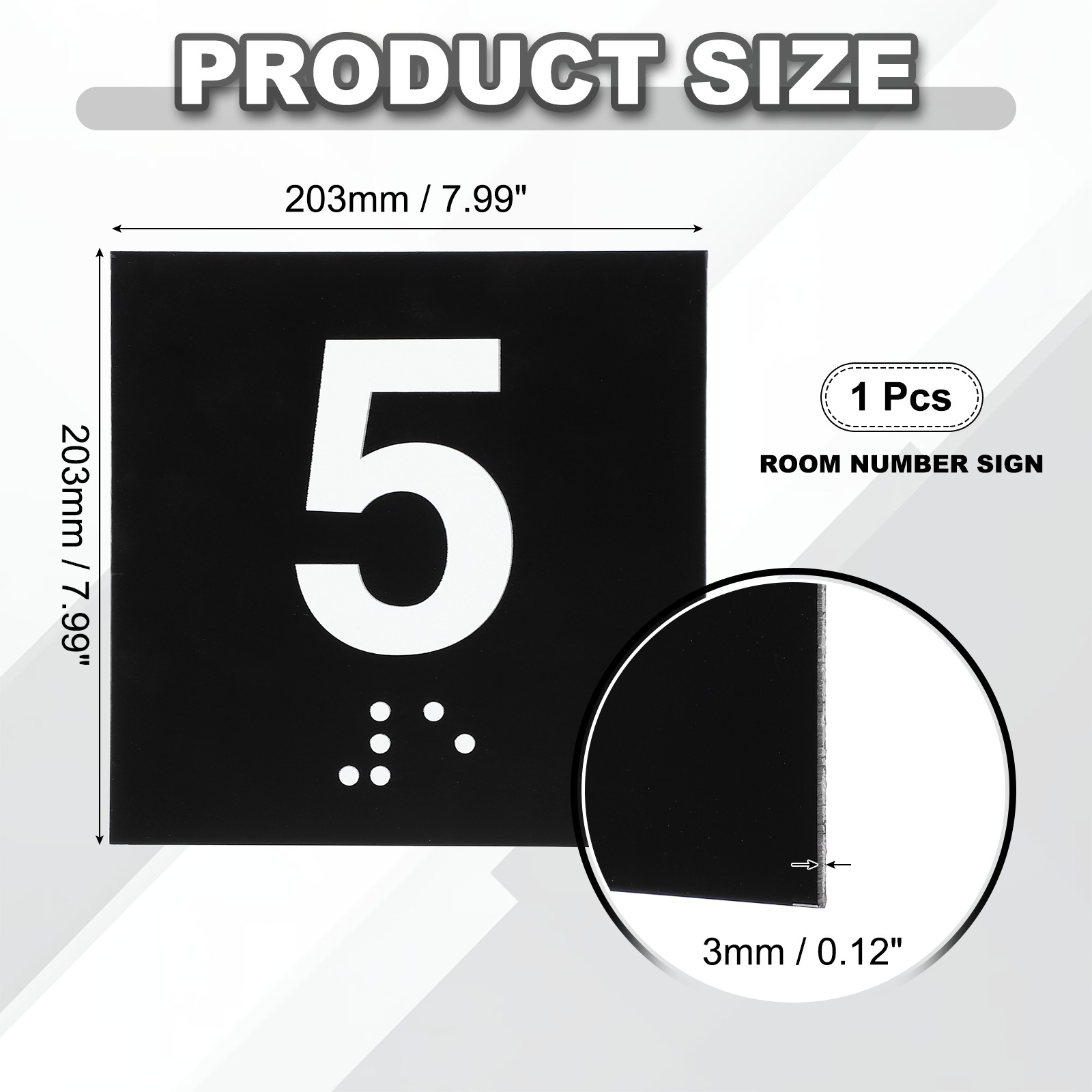 Exam Room Number Sign, 8″ x 8″ Number 5 Sign with Braille, White on Black