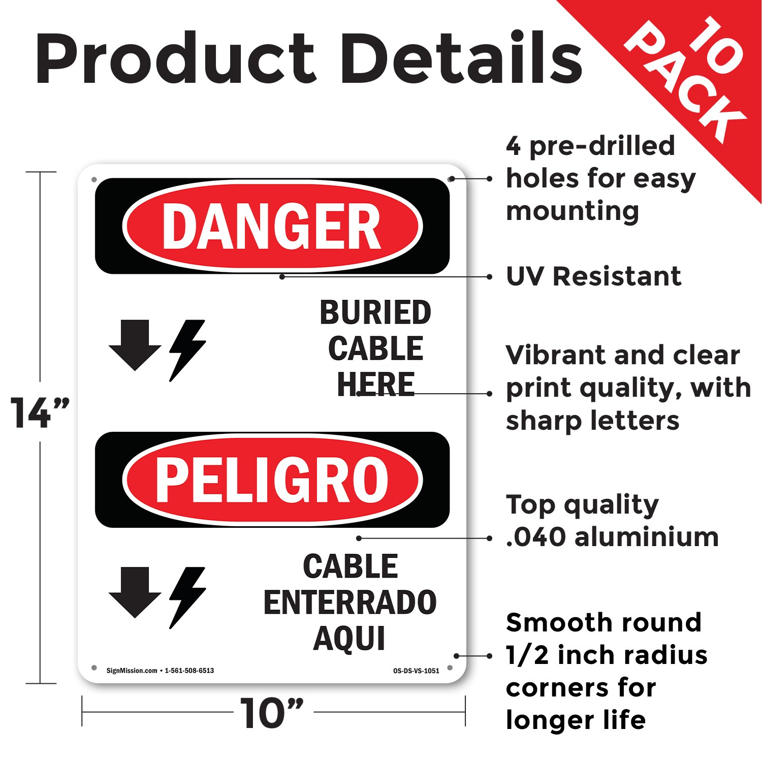 Cable Buried Here Bilingual OSHA Danger Sign Metal, Plastic, Decal 5 or 10 Pack