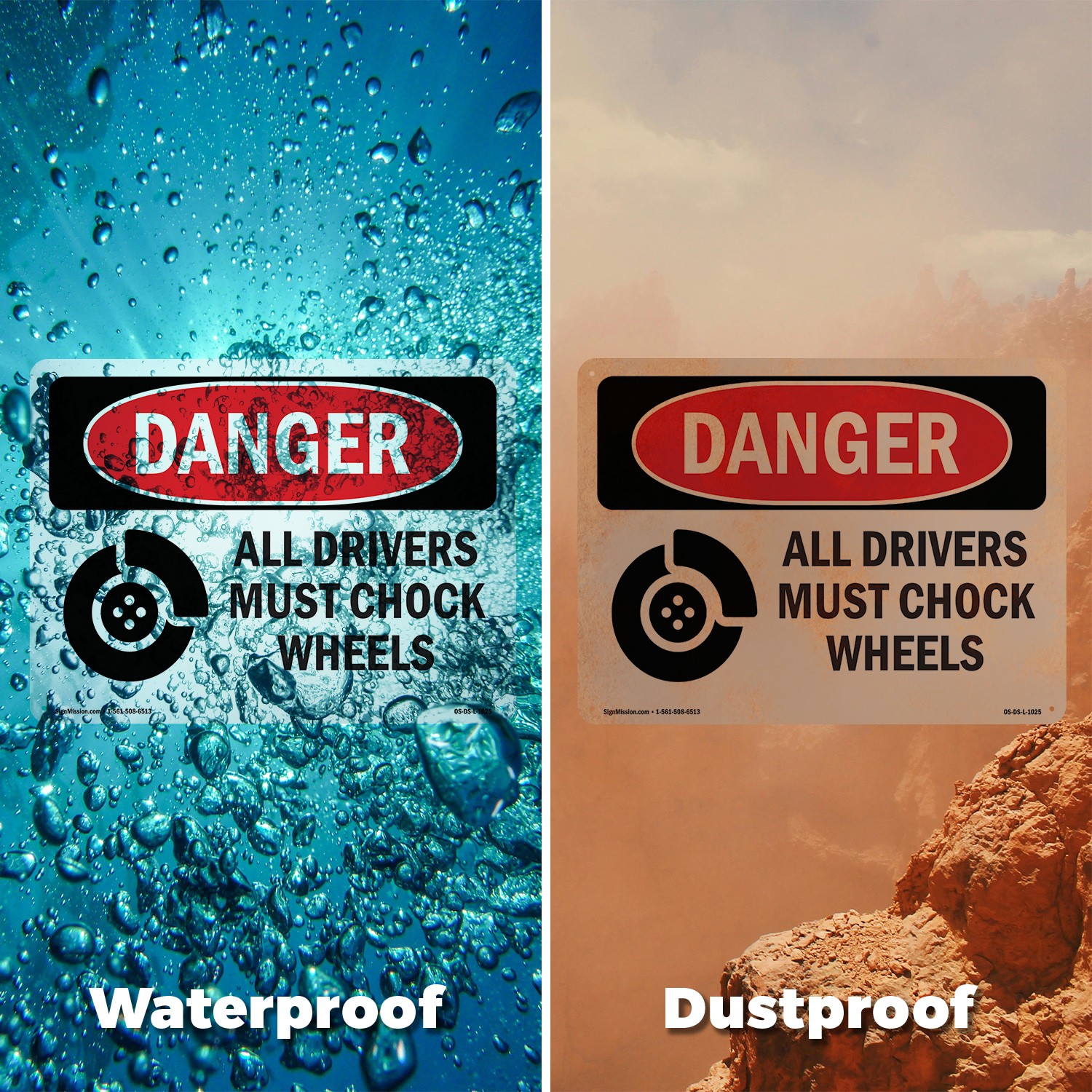 All Drivers Must Chock Wheels OSHA Danger Sign Metal Plastic, Decal 5 or 10 Pack