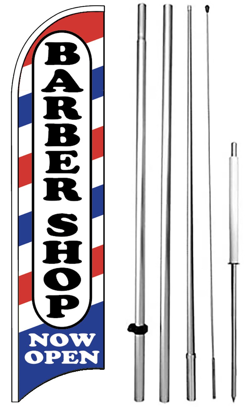BARBER SHOP NOW OPEN Windless Swooper Flag 15 Ft Kit Feather Banner Sign wb-h
