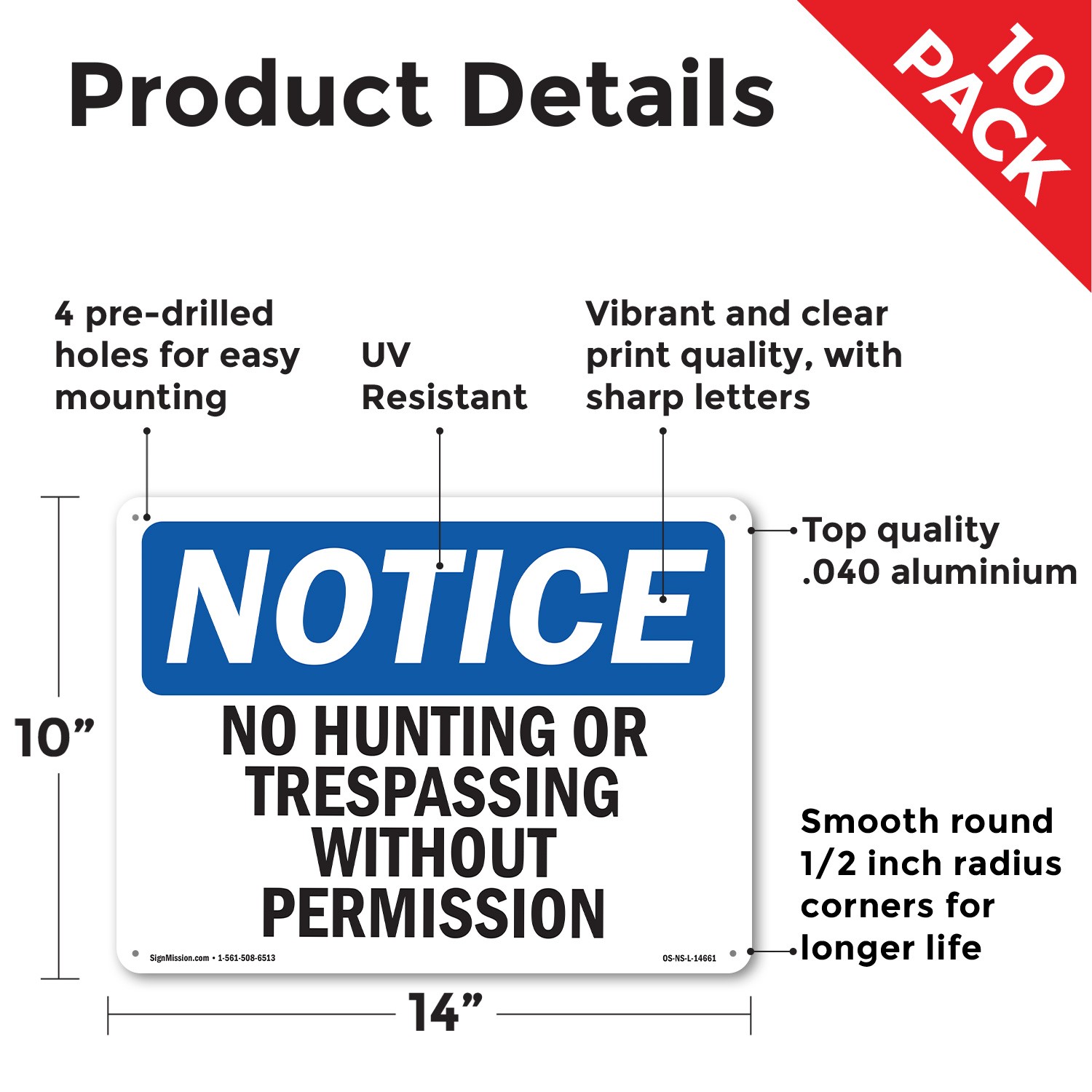 No Hunting Or Trespassing Without Permission OSHA Notice Sign, Decal 5/10 Pack