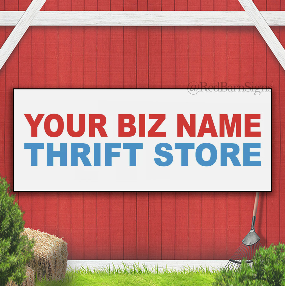 Your Biz Name Thrift Store Custom Red Blue Vinyl Banner Sign W Grommets