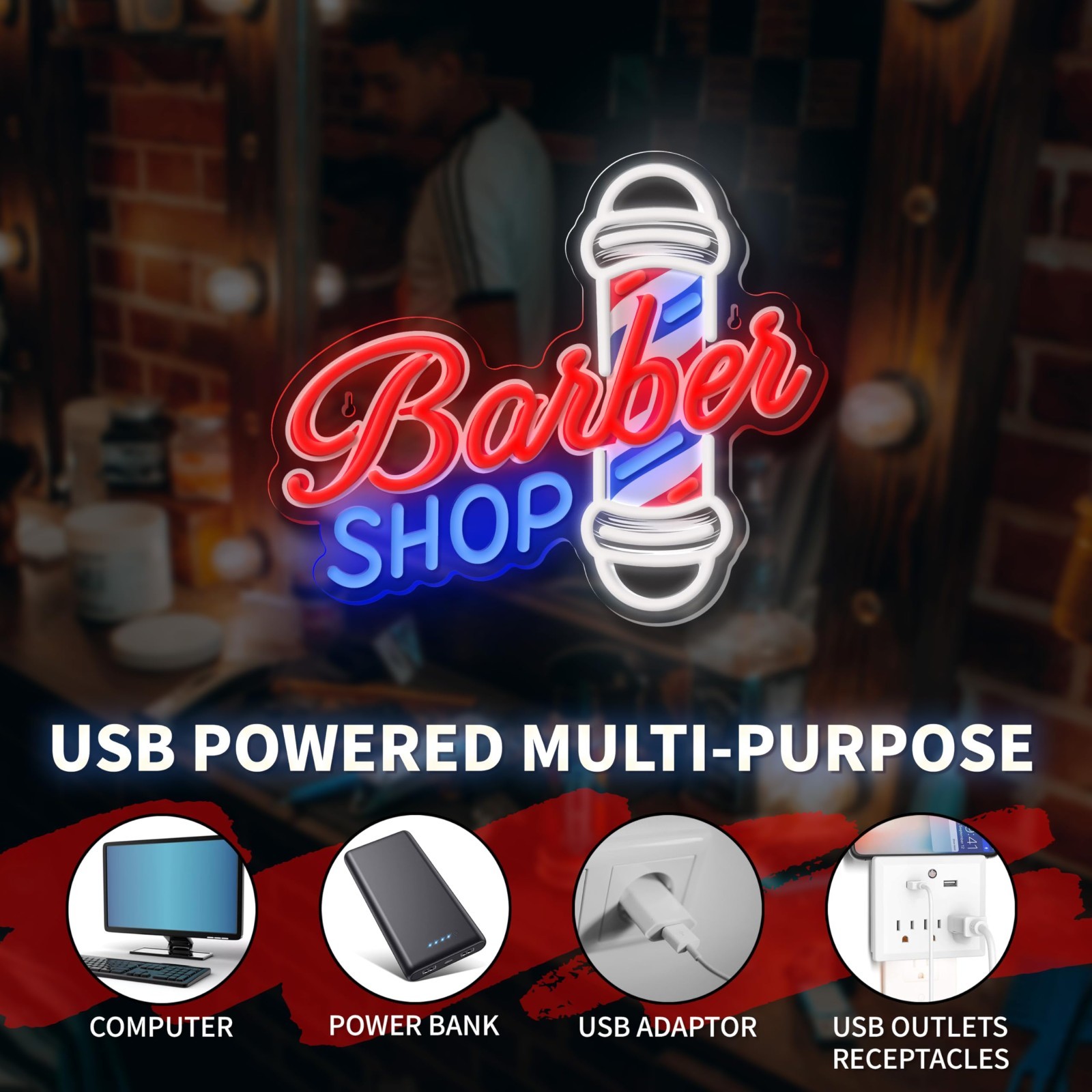LED Barber Shop Neon Wall Sign – Hair Salon Decor, USB Powered Light for Man Cav