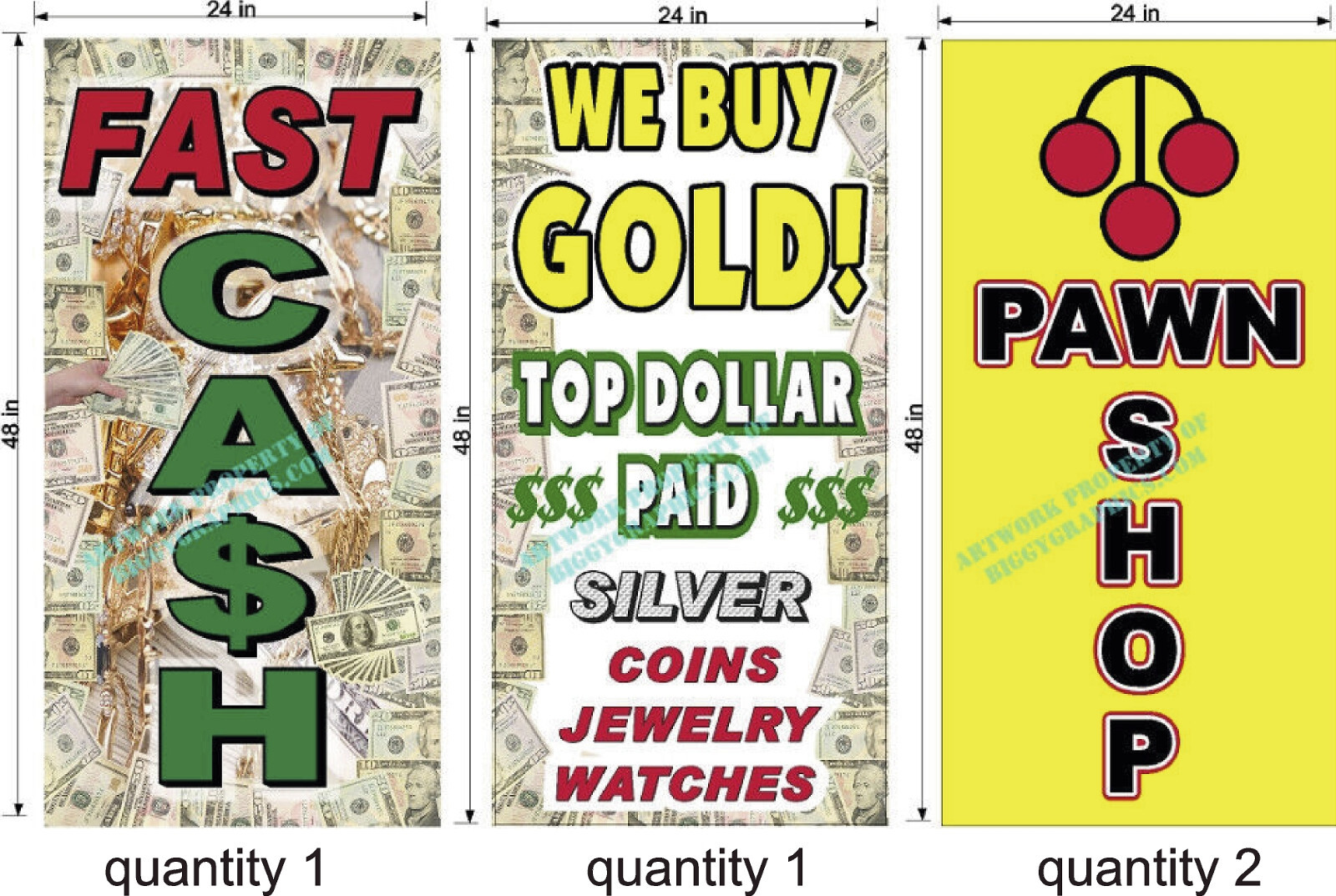 PERFORATED WINDOW DECAL PAWN SHOP CASH FOR GOLD LOT OF 4 2′ X 4′ VERTICAL