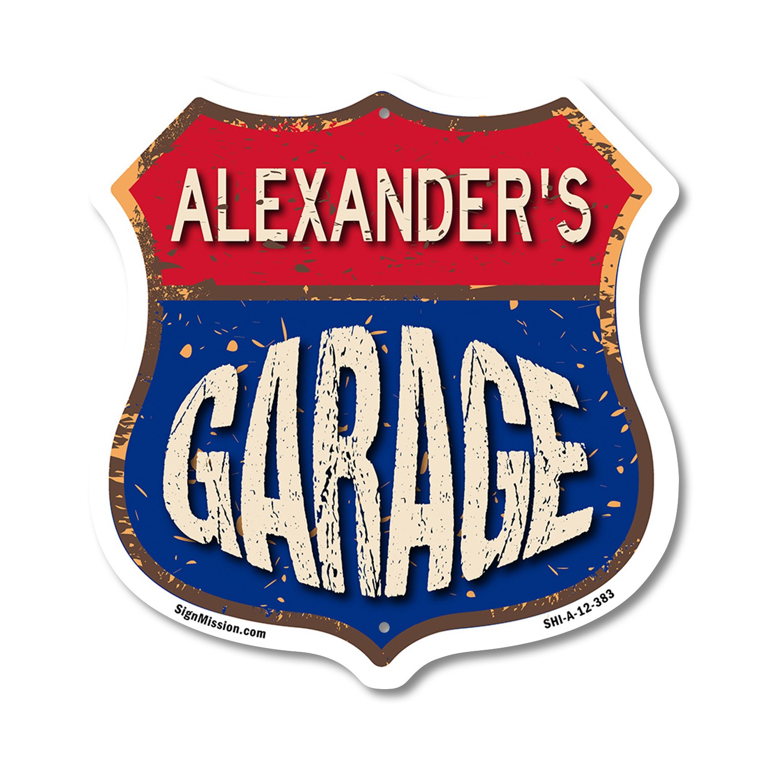 Alexander’s Garage Shield Shaped Sign Weather Resistant Crafted in the USA