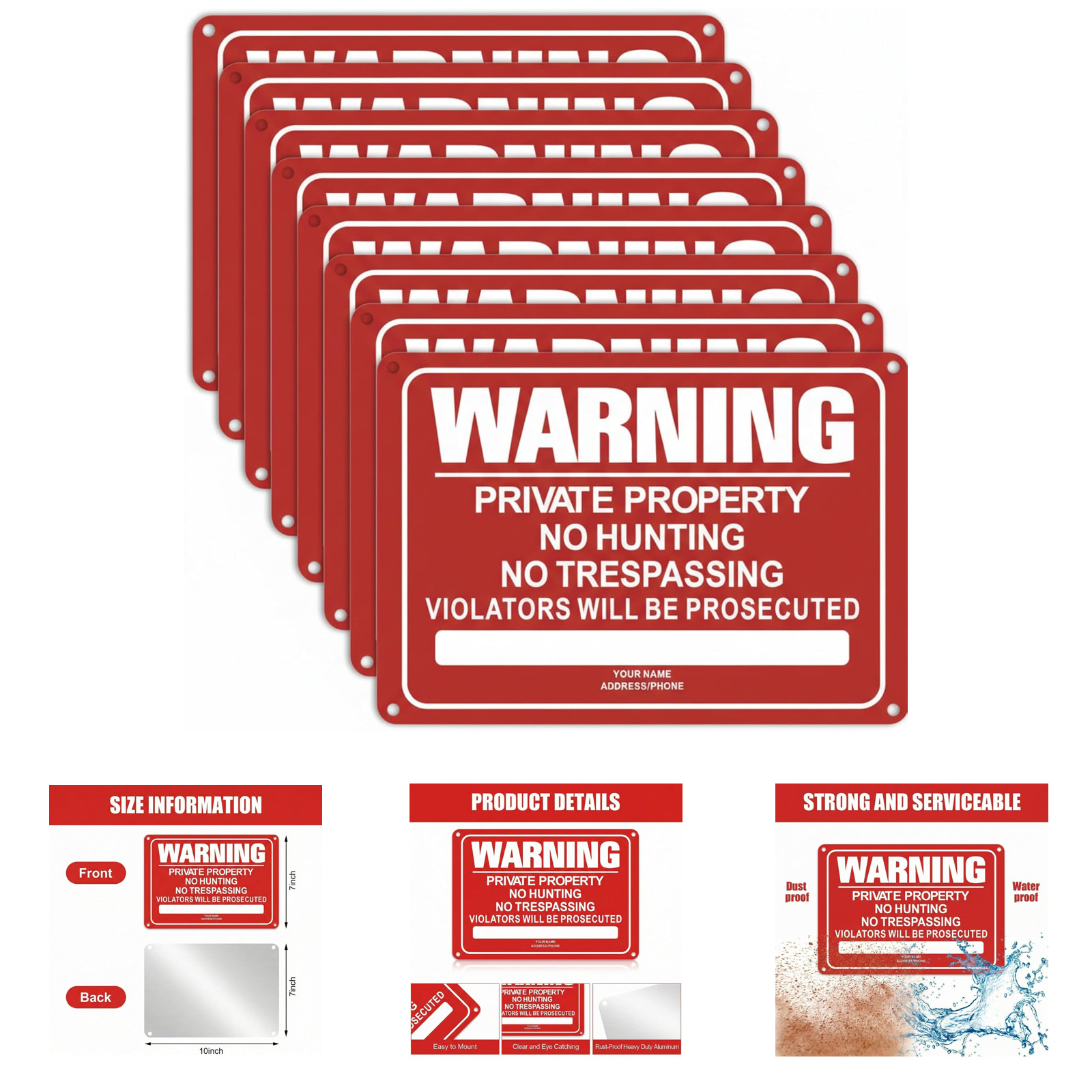 8 Pack No Trespassing Signs 10 x 7 Inch Reflective Aluminum Private Property