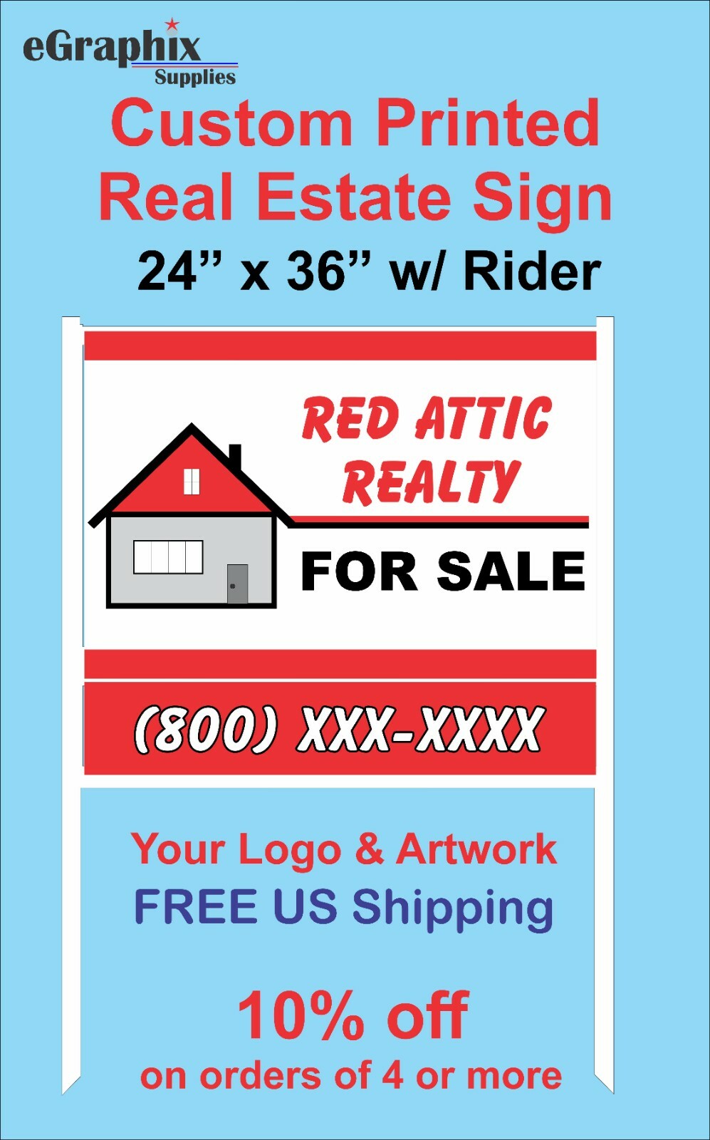 Custom Printed Real Estate Sign, 24 x 36″ Alum with H-Style WHITE Metal Frame