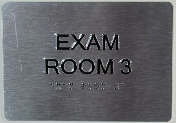EXAM Room 3 Sign with Tactile Text and Braille Sign -(Black/Silver..–REF24-1027
