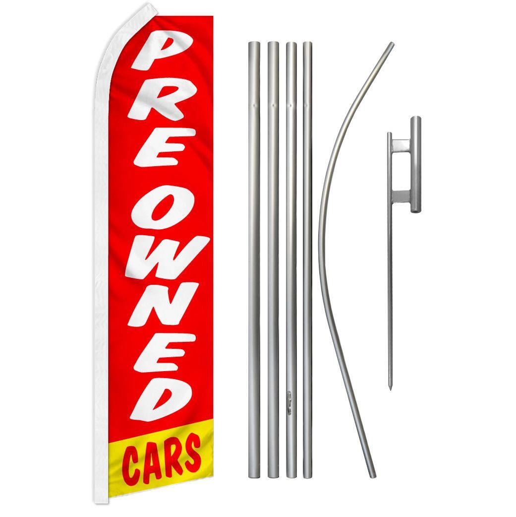 “PRE OWNED CARS” Advertising Super Flag & Pole Kit red used auto