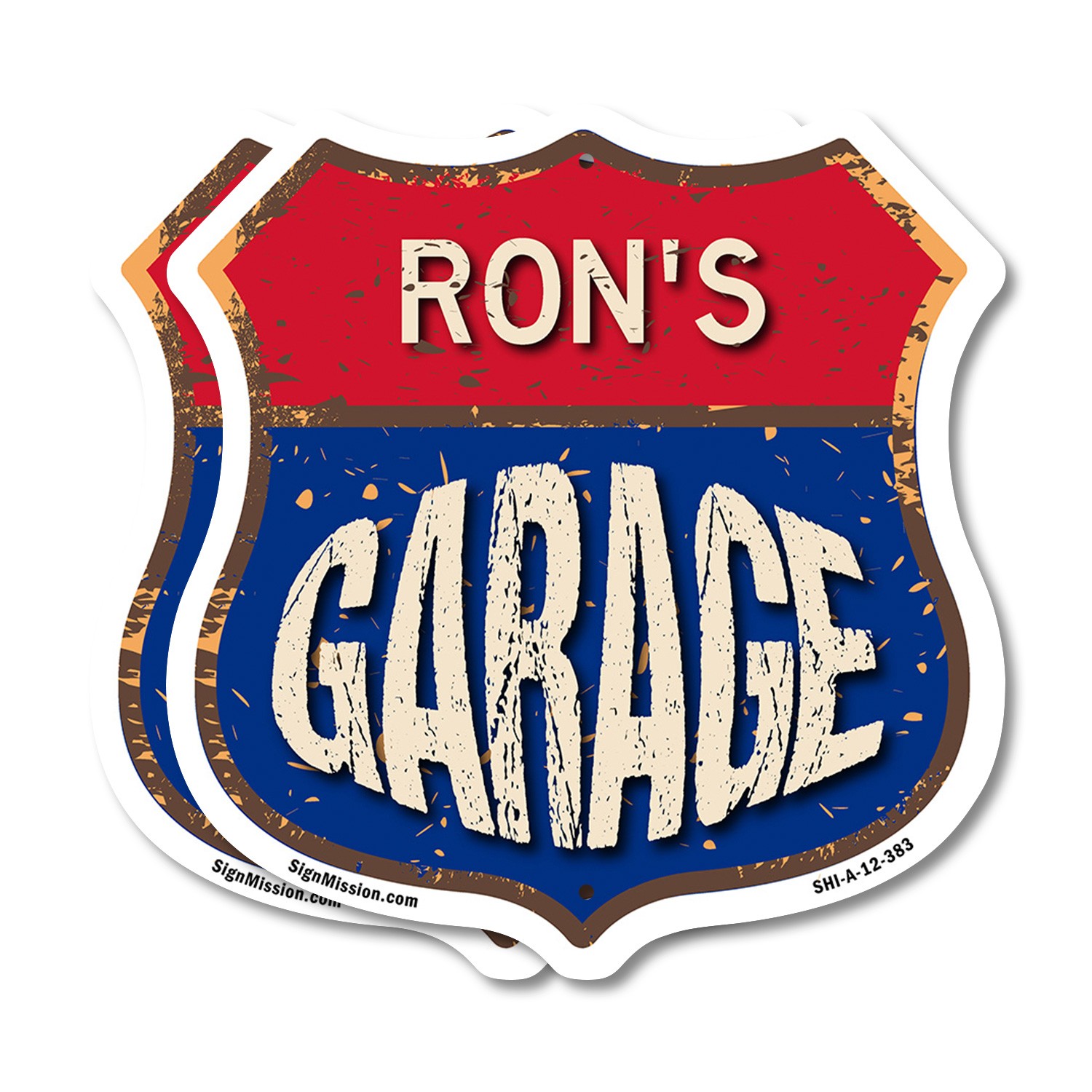 Ron’s Garage Shield Shaped Sign Weather Resistant Crafted in the USA