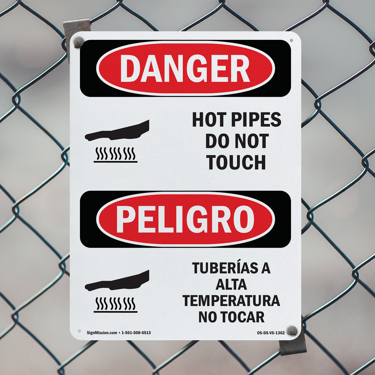 Hot Pipes Do Not Touch Bilingual OSHA Danger Sign Metal, Decal – 5 or 10 Pack