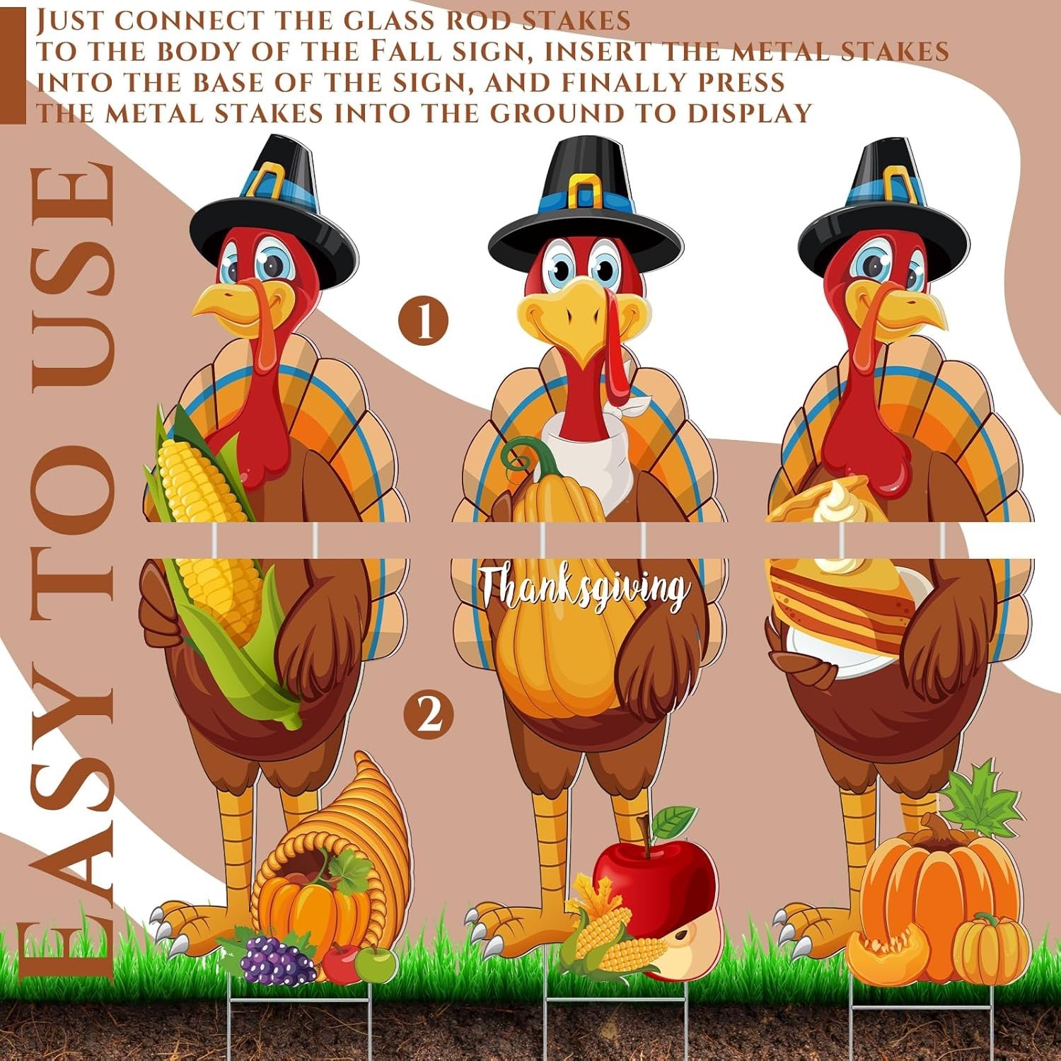 3 Pcs Thanksgiving Yard Signs with Colorful Turkey Designs – 32 x 10 Inch Decor