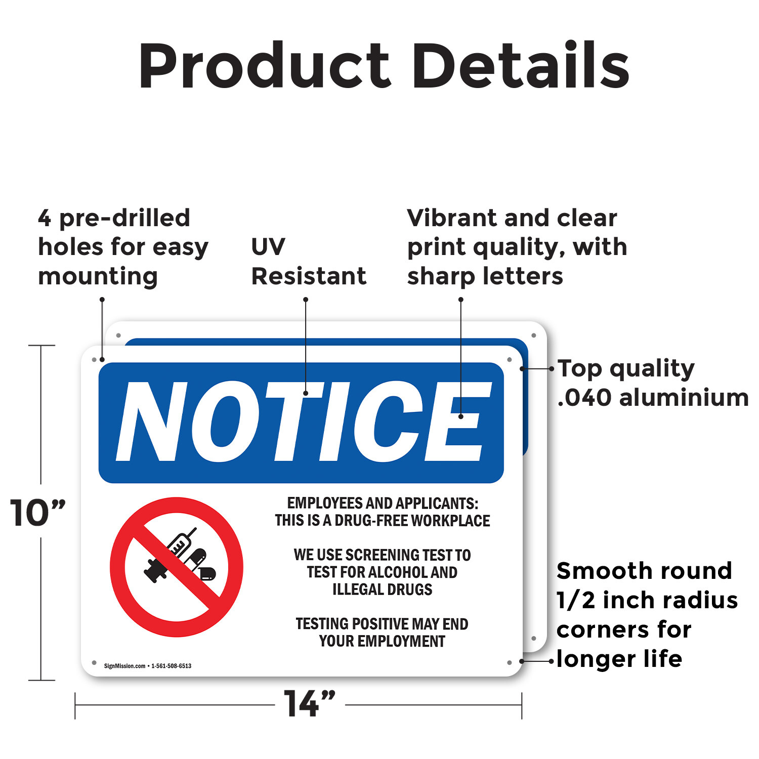 (2 Pack) Drug-Free Workplace OSHA Notice Sign Decal Metal Plastic
