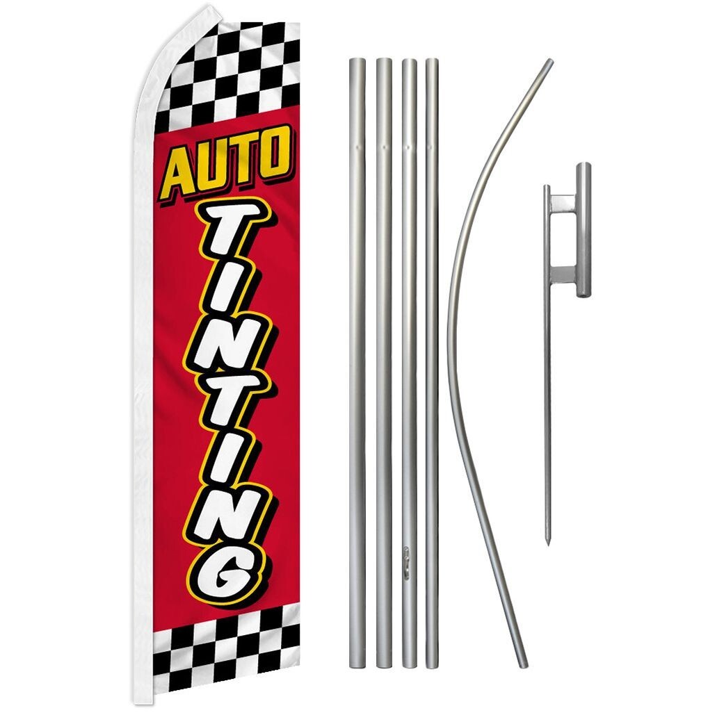 Auto Tinting (Red Checkered) Swooper Advertising Flag & Pole Kit