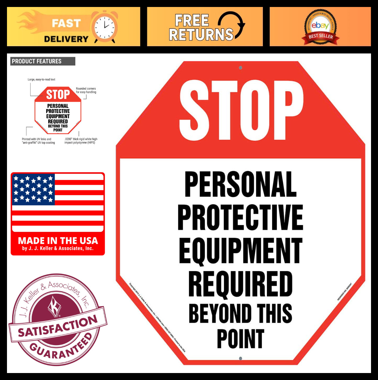 Personal Protective Equipment Required Sign – 12″ x 12″ Plastic, Rounded Corners