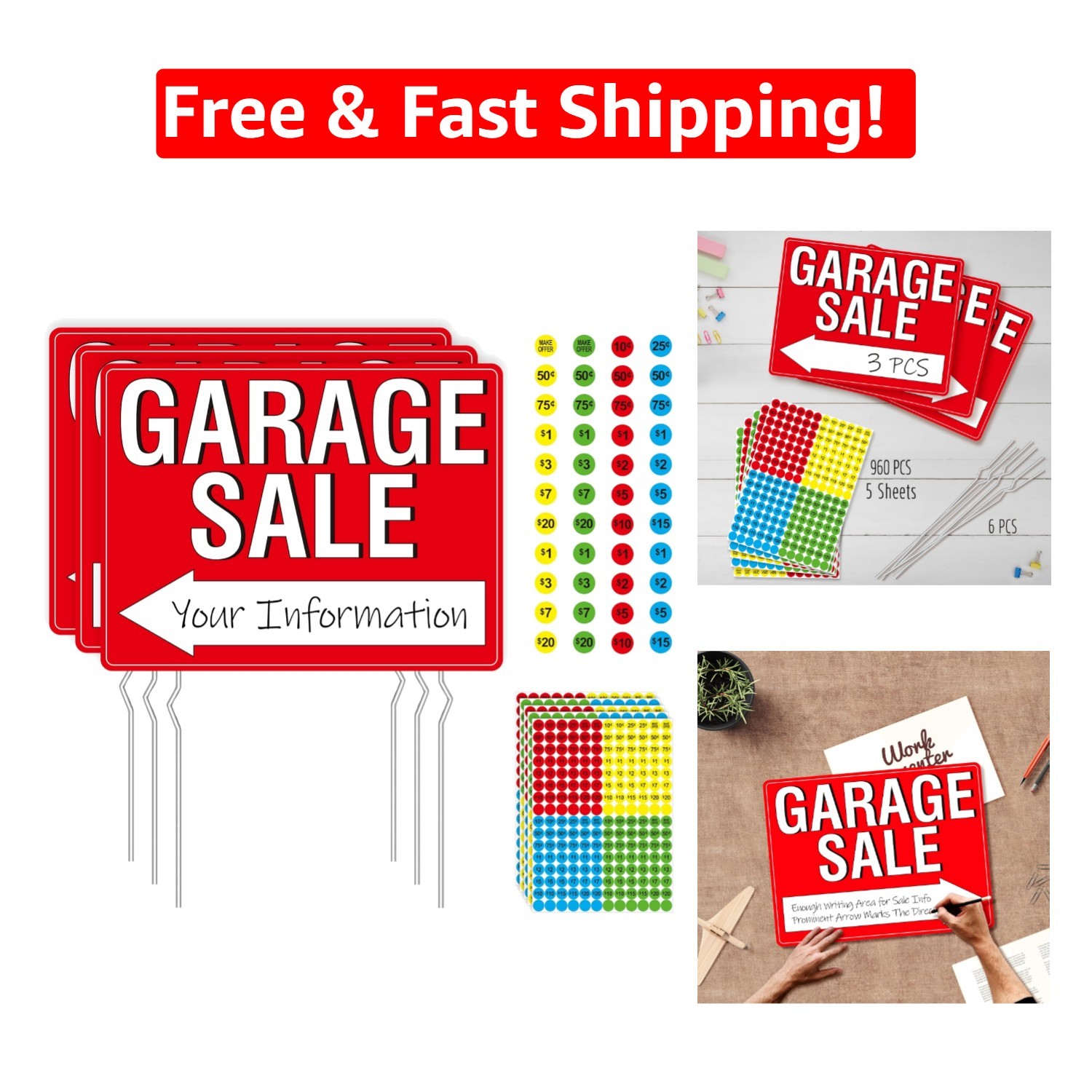 Large Visibility Garage Sale Signs: 3PCS with Price Labels & Sturdy Stakes