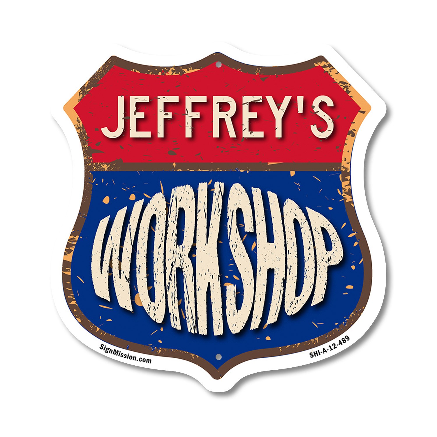 Jeffrey’s Workshop Shield Shaped Sign Weather Resistant Crafted in the USA