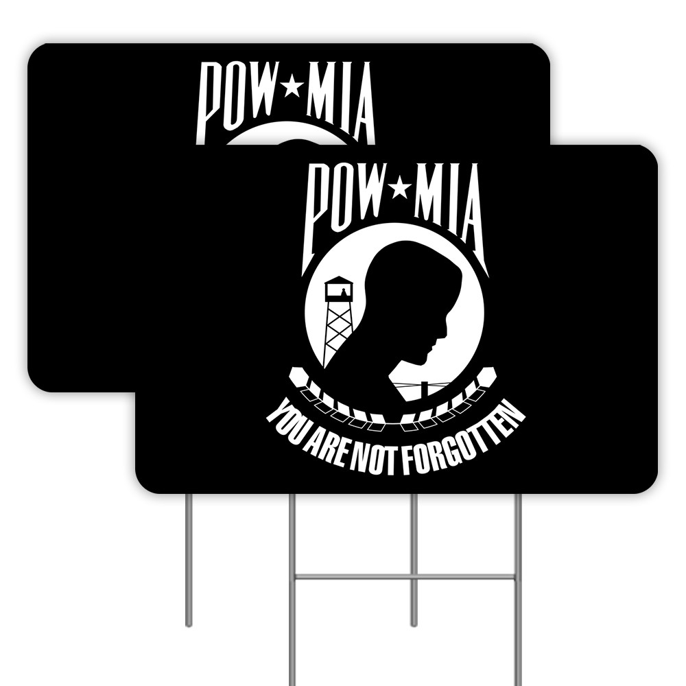 POW MIA 2 Pack Double-Sided Yard Signs 16″ x 24″ with Metal Stakes (Made in Texa