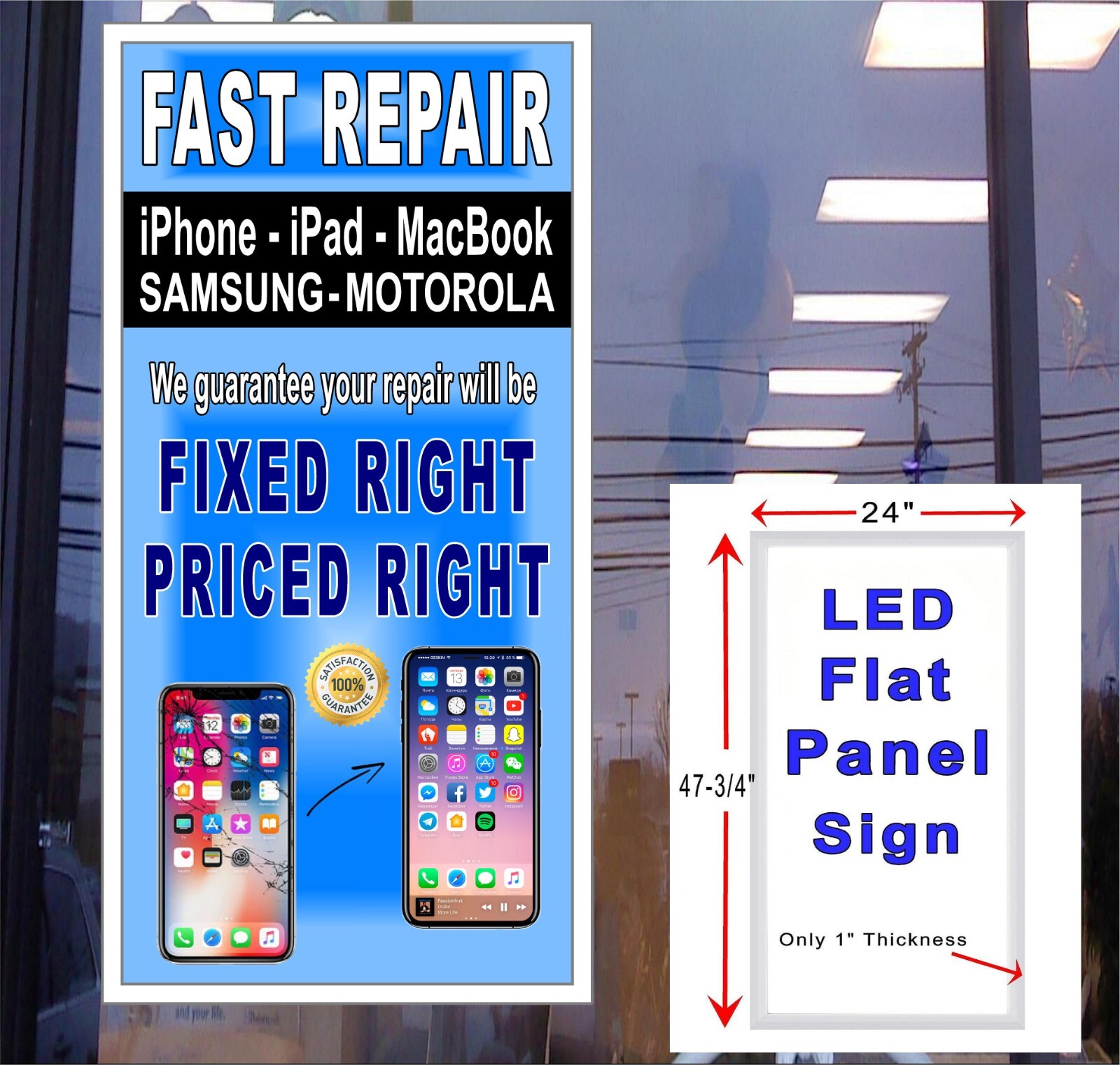 Cell Phone Repair iPhone Samsung iPad LED Light Box window sign 24×48