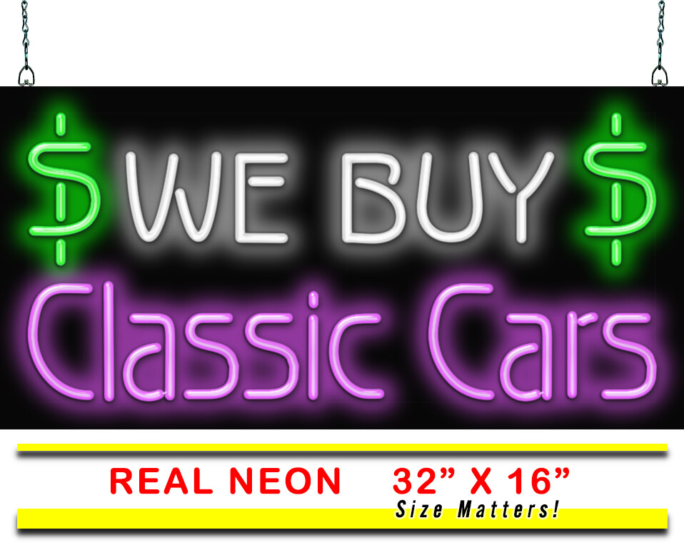 We Buy Classic Cars Neon Sign Jantec 32″ x 16″ Auto Shop Store Used Mint