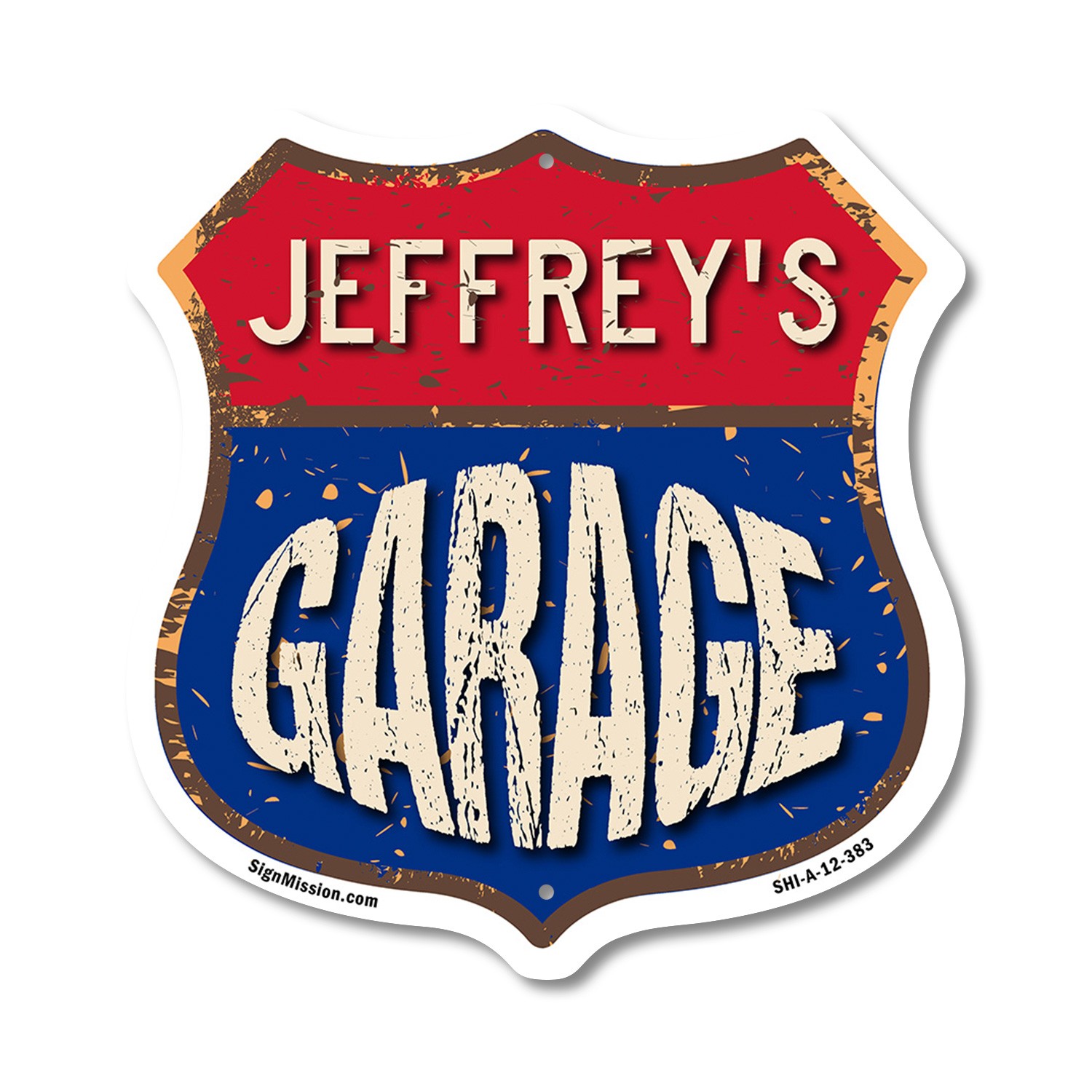 Jeffrey’s Garage Shield Shaped Sign Weather Resistant Crafted in the USA