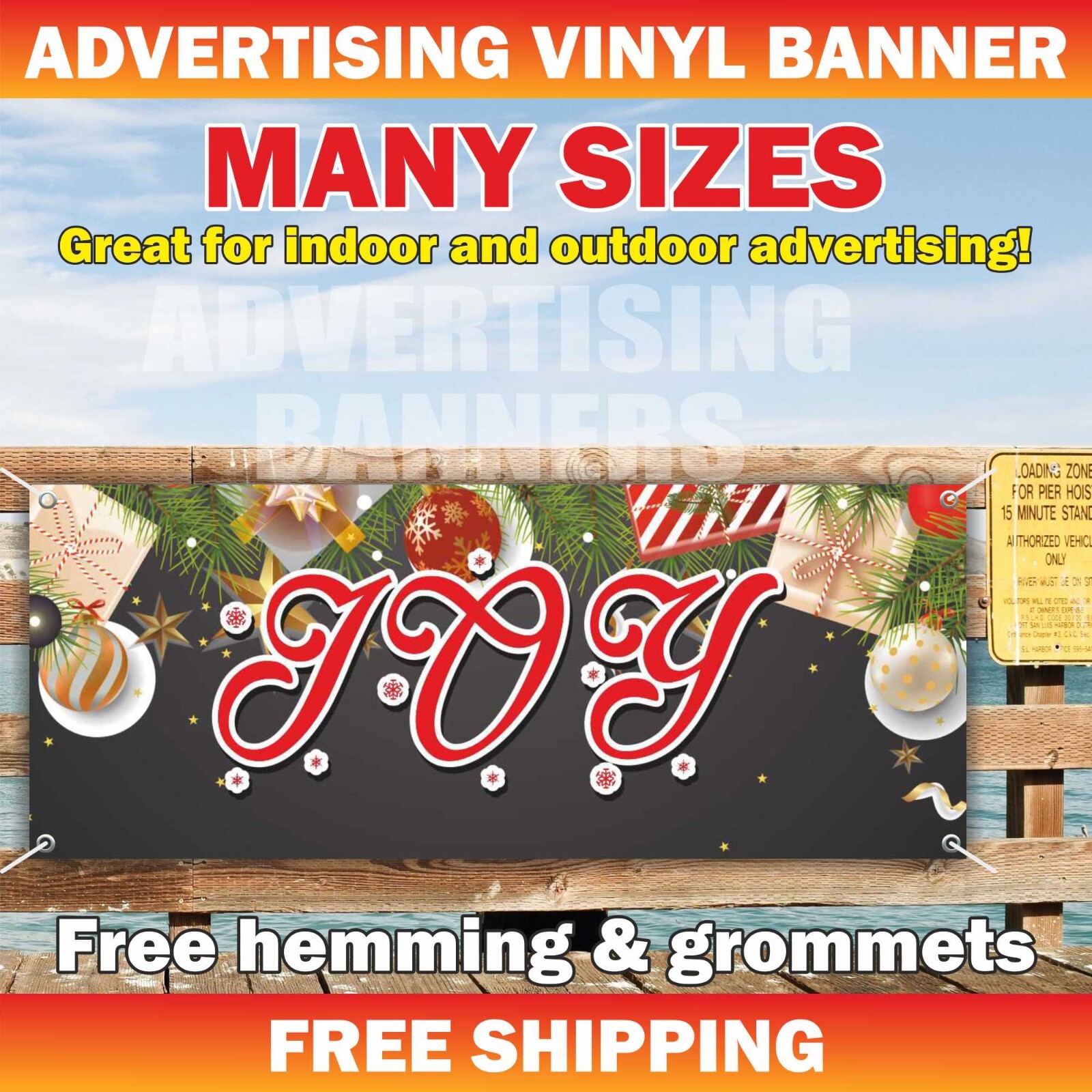 Joy Advertising Banner Vinyl Mesh Sign Xmas Fir Christmas Wreath Trees New Year