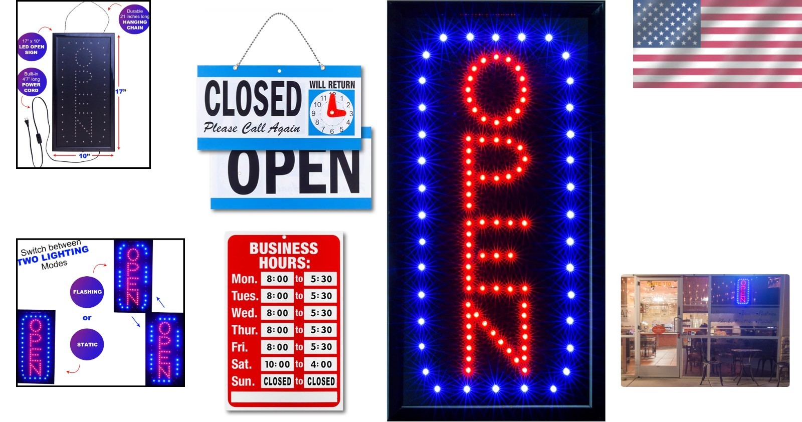 Dynamic Neon Open Sign – LED Business Display with Hours & Closed Signs, 17″x10″