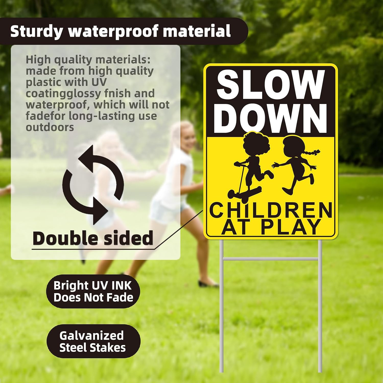 Slow Down Children at Play Signs 2 Pack Weatherproof Yard Signs with Metal Stake