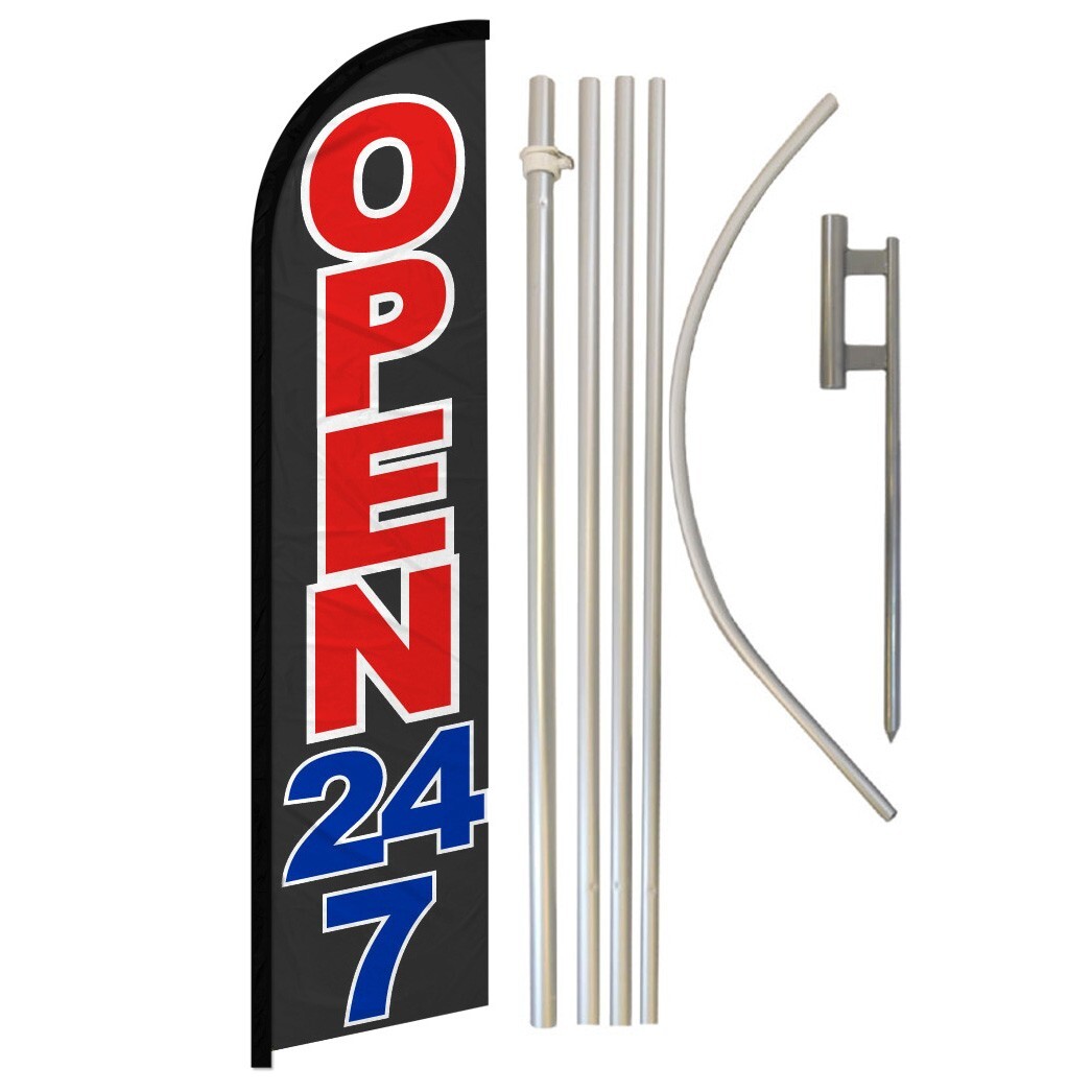 Open 24/7 Windless Banner Swooper Advertising Flag Kit Open All Day Everyday