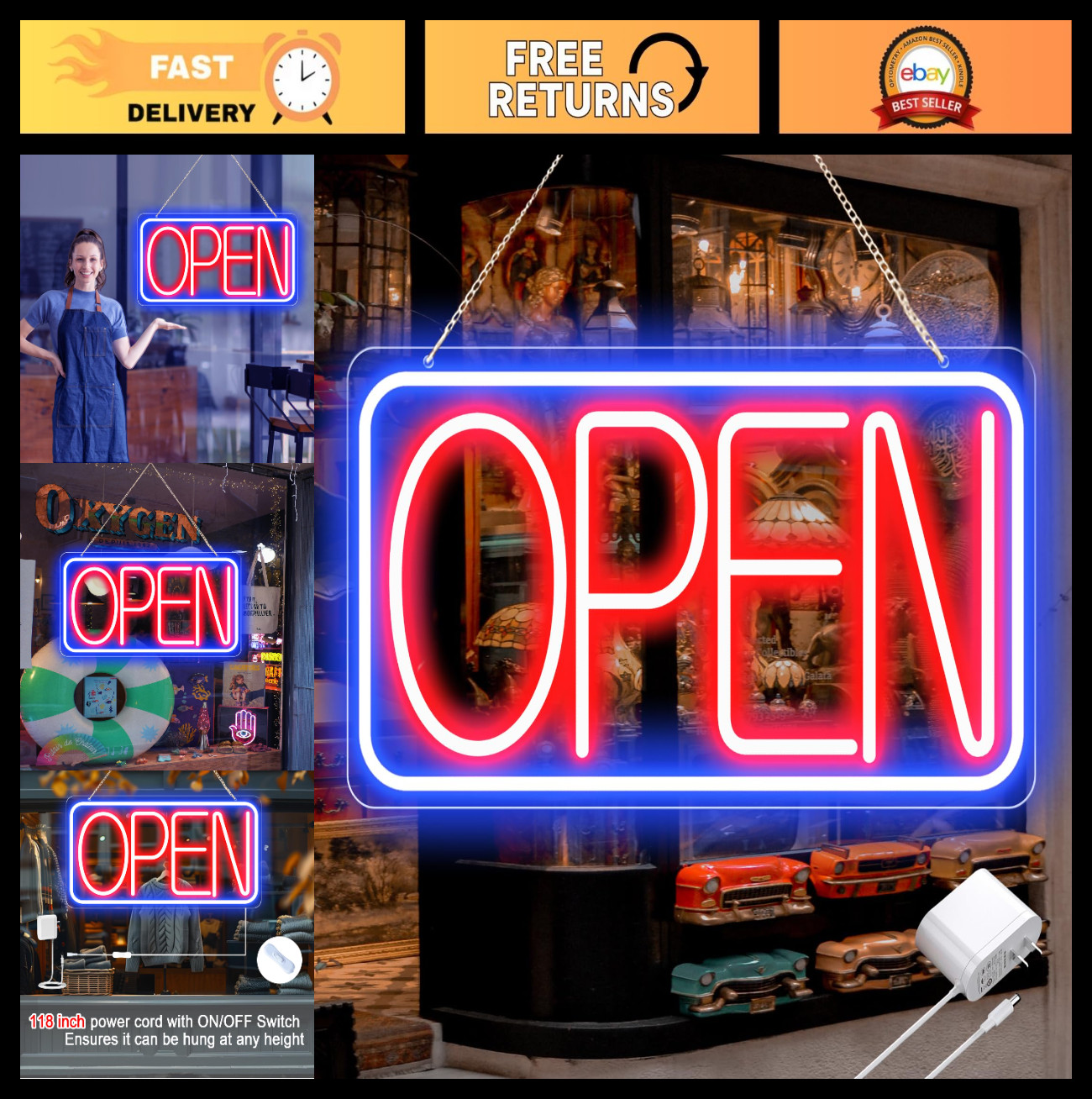 Ultra Bright 16.5″ x 9″ LED Neon Open Sign – Electric Light Up for Storefront, B
