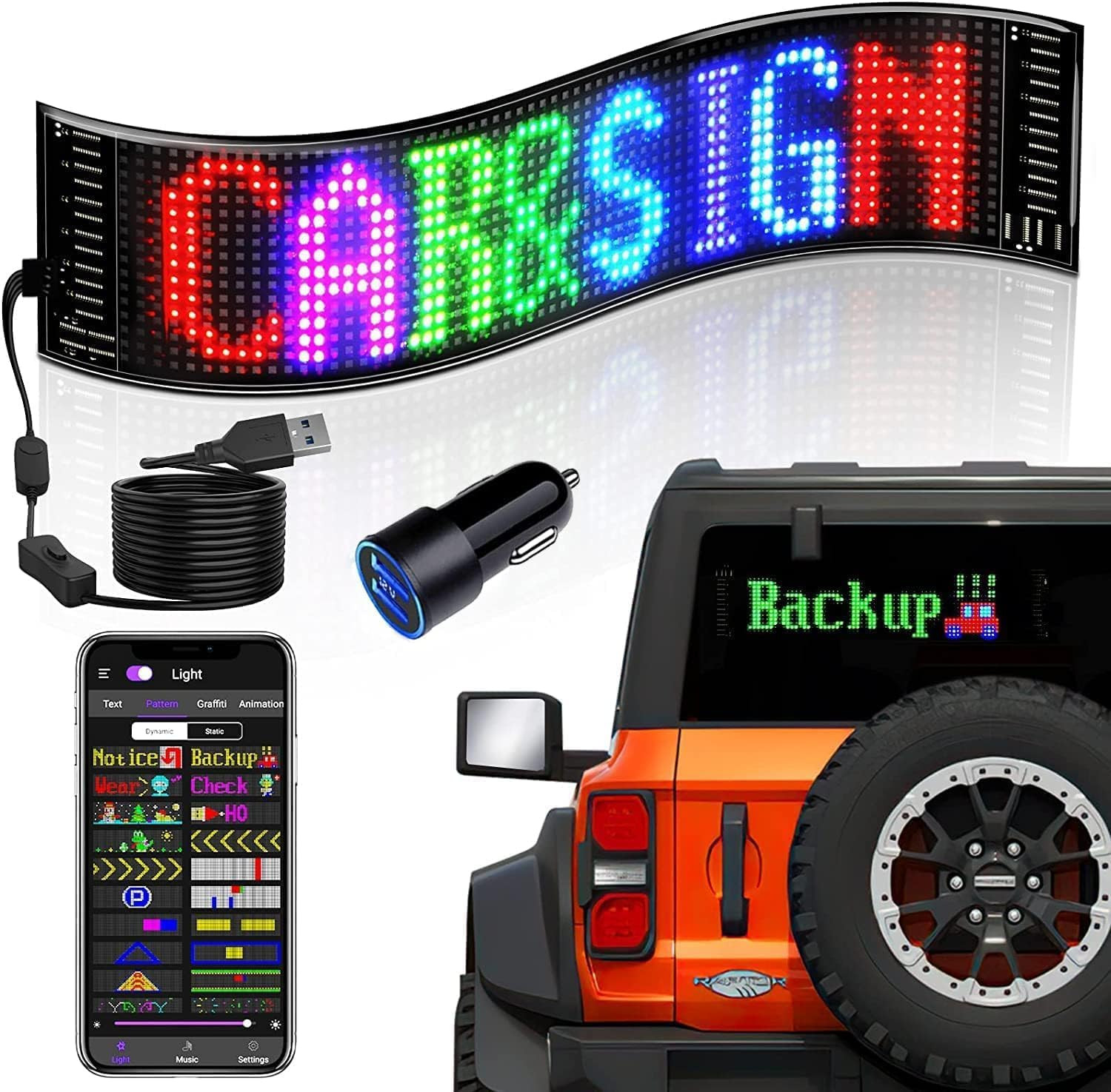Panneau LED Programmable Voiture USB Bluetooth Affichage Défilement RGB