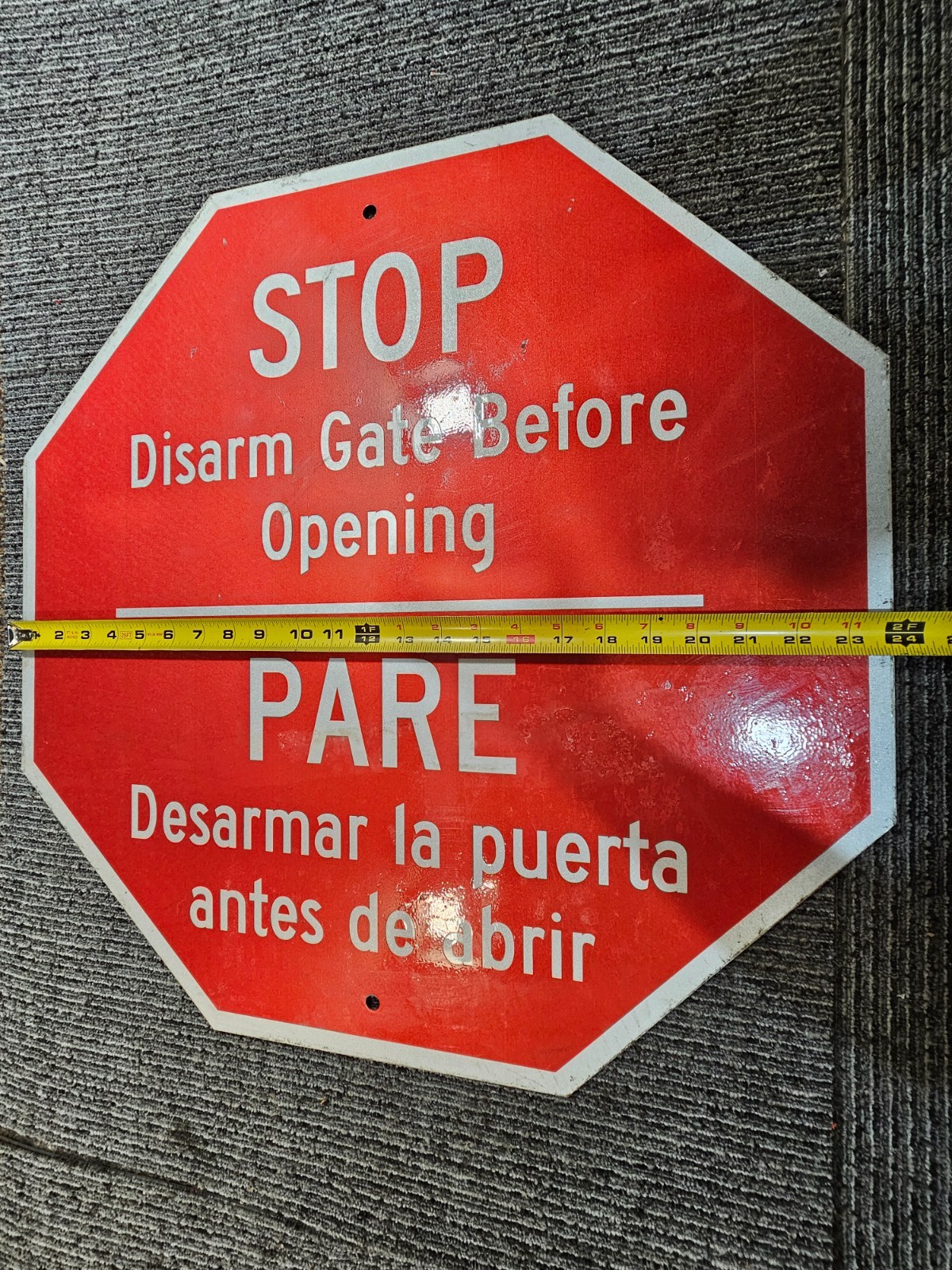 Stop Disarm Gate Before Opening 24″ x 24″ Aluminum Octagonal Signage, Red/White