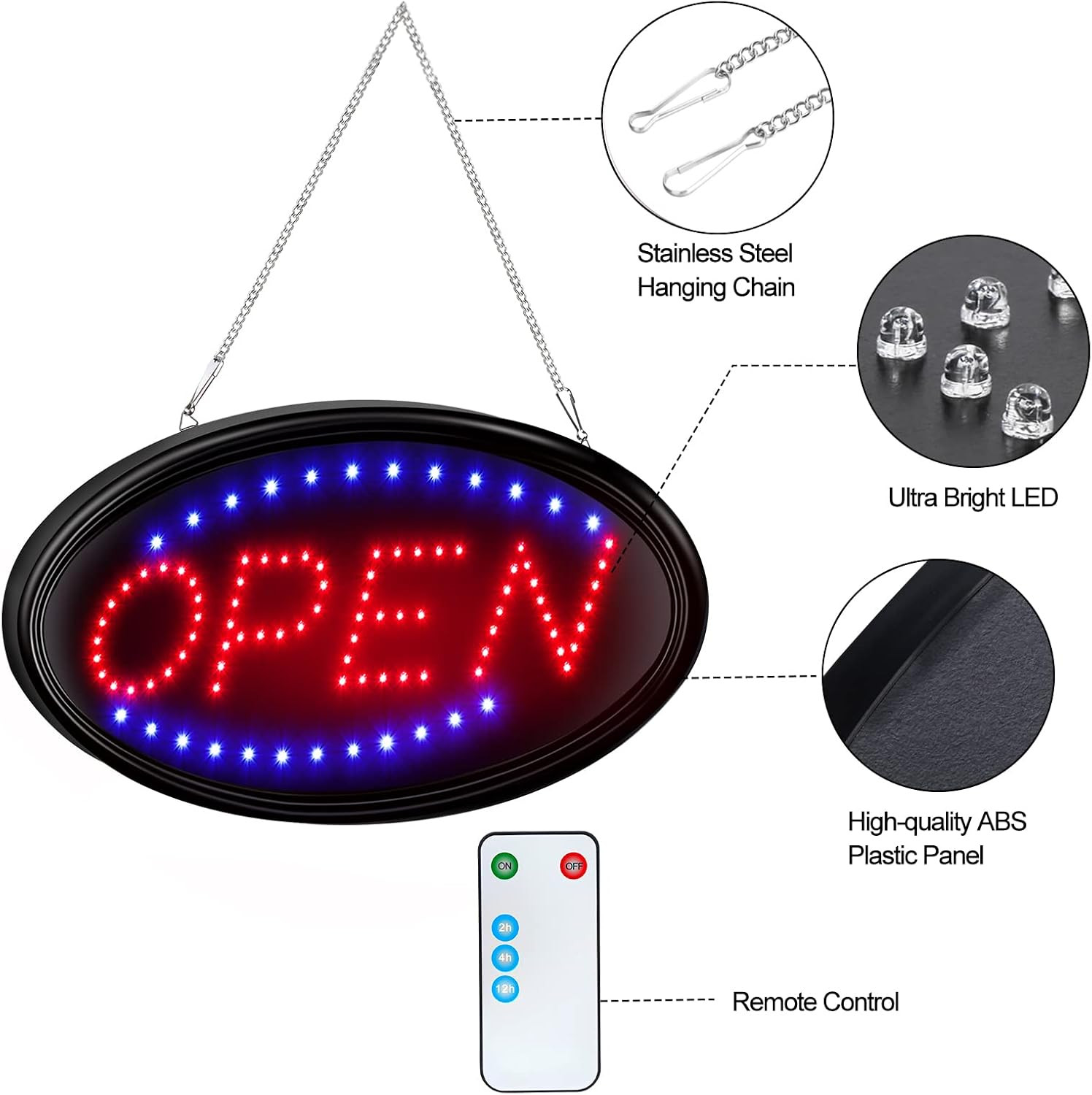 LED Open Sign, 19″X10″, with Remote, Timer & Flash/Steady Modes | Ultra Bright f