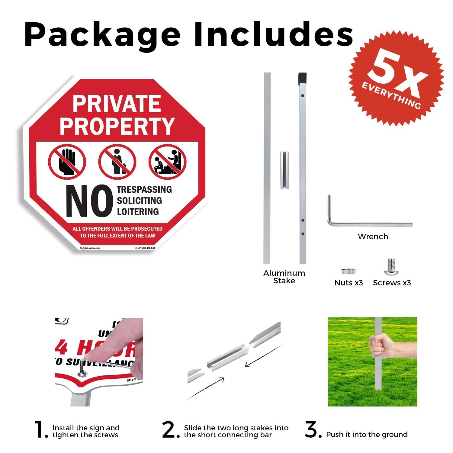SignMission No Trespassing Loitering (5 Pack) 10×10 Octagon Aluminum Sign with