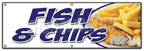 SignMission 72″ Fish & Chips Banner Sign Cod Haddock White Deep Fried Chips