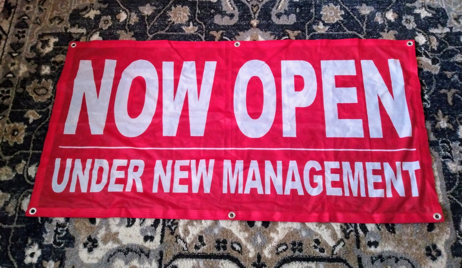 CLEARANCE: NOW OPEN UNDER NEW MANAGEMENT, 24×48″ Banner Sign With Grommets