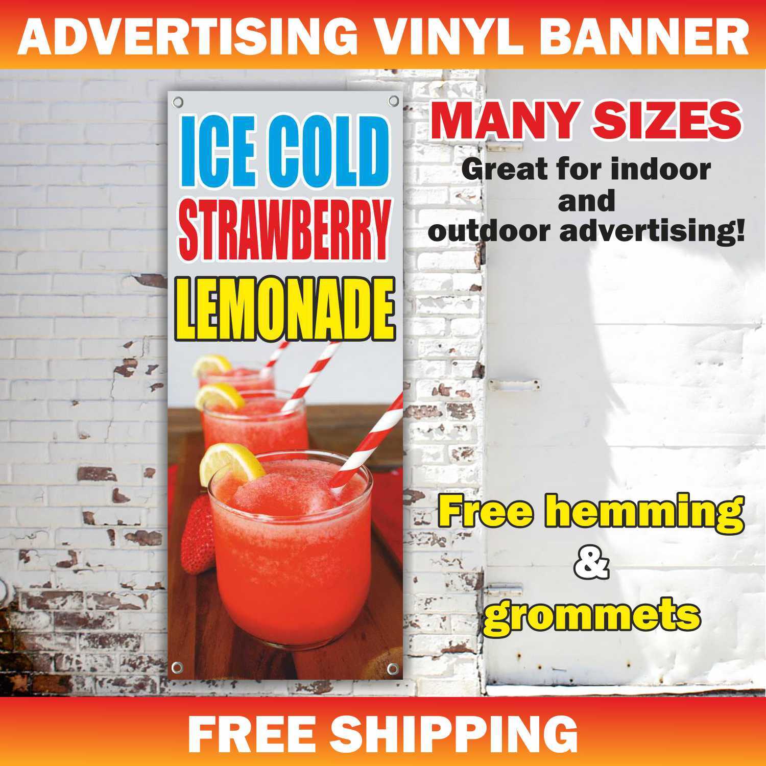 ICE COLD STRAWBERRY LEMONADE Advertising Banner Vinyl Mesh Sign Frozen Flavor