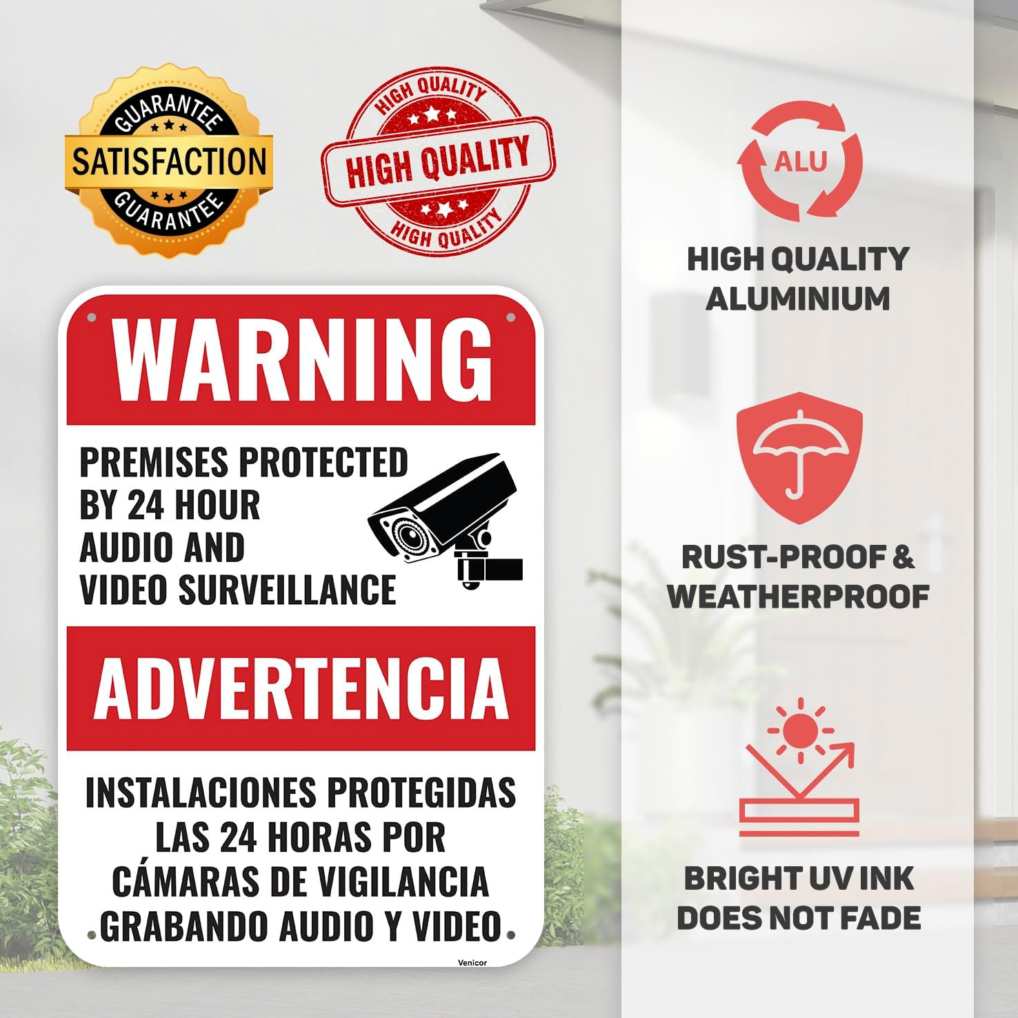 1PC Video and Audio Surveillance Recording Bilingual Sign, 14 X 10 Inches – Alum