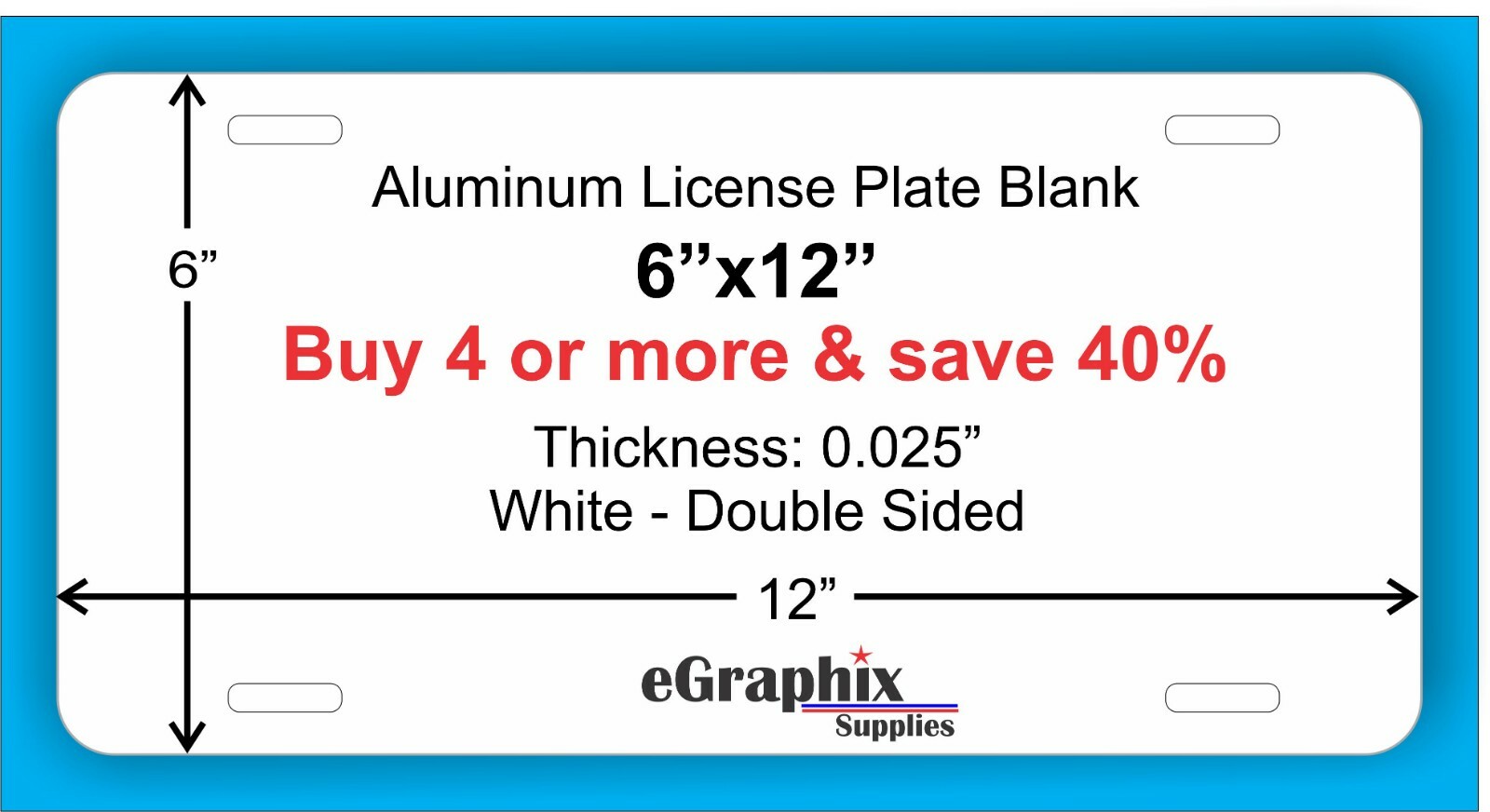 License Plate Blank, White, Aluminum 6″ x 12″ x 0.025″