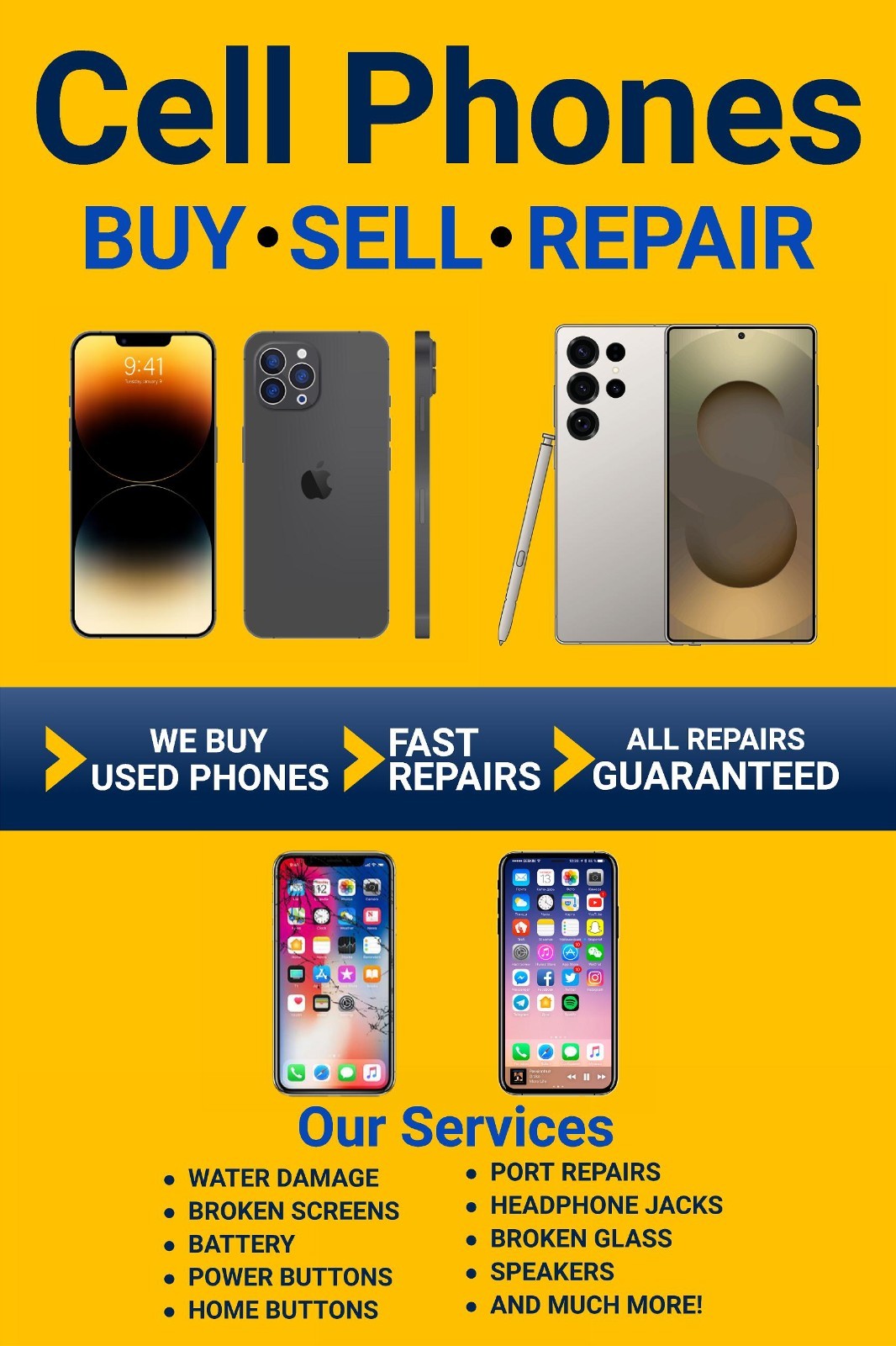 Cell Phones Buy Sell Repair Advertising poster sign