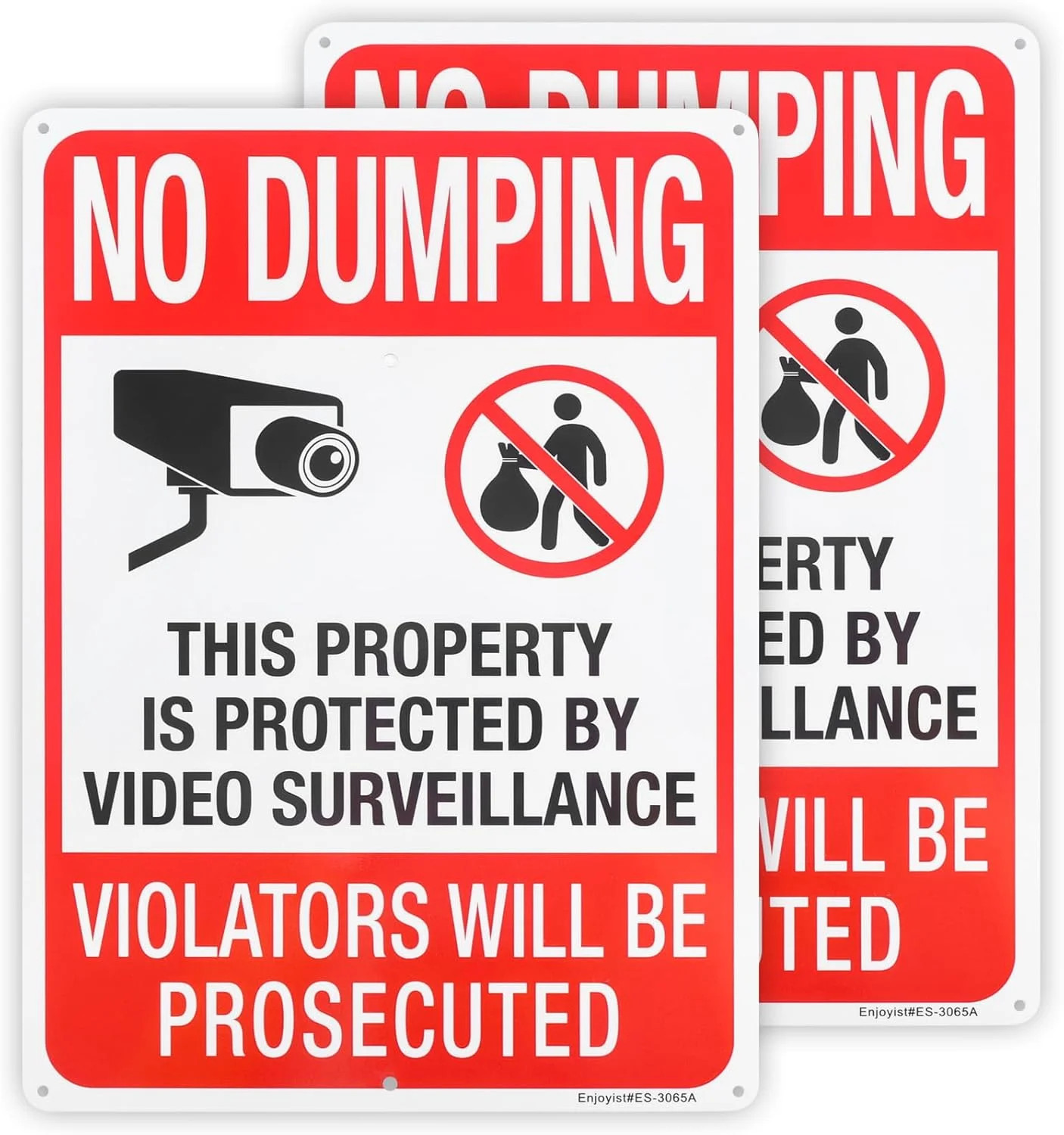 2 PC No Dumping Signs, Reflective 14 x 10 Aluminum No Littering Signs with Video