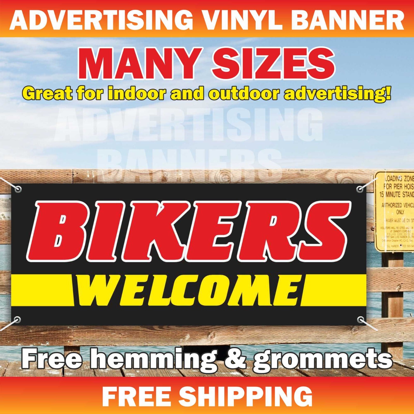 BIKERS WELCOME Advertising Banner Vinyl Mesh Sign MOTORCYCLE RALLY Hotel Motel
