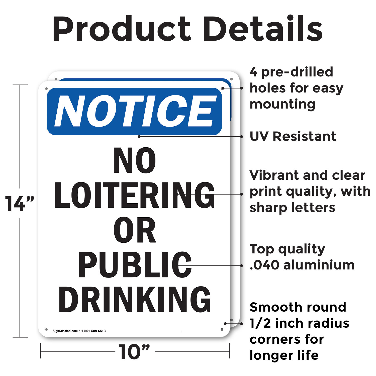 (2 Pack) No Loitering Or Public Drinking OSHA Notice Sign Decal Metal Plastic