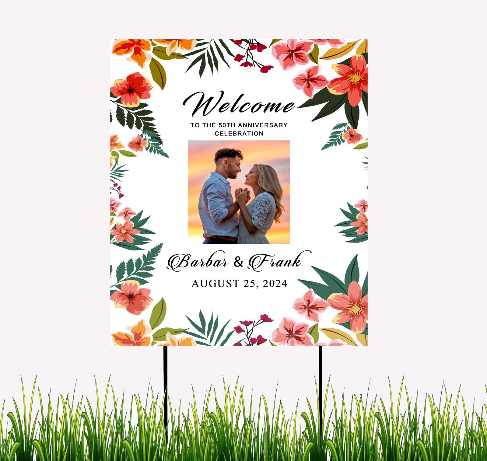 50th Anniversary Yard Sign With Photo Personalized Floral Party Decor Sign