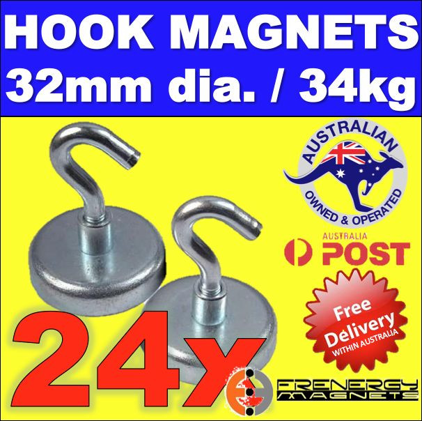 24x Heavy Duty Magnetic Hooks 34kg / 32mm | Super Rare Earth Sign Hook Hanger
