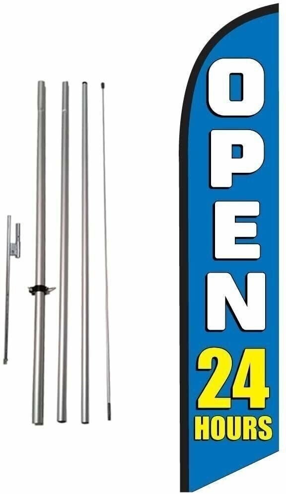 Open 24 Hours (blue) 15ft Feather Banner Swooper Flag Kit – INCLUDES 15FT…
