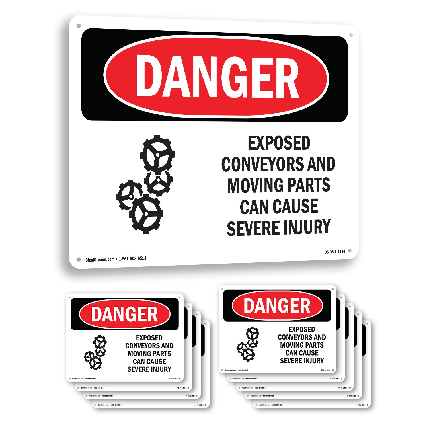 Exposed Conveyors And Moving Parts OSHA Danger Sign Metal, Decal – 5 or 10 Pack